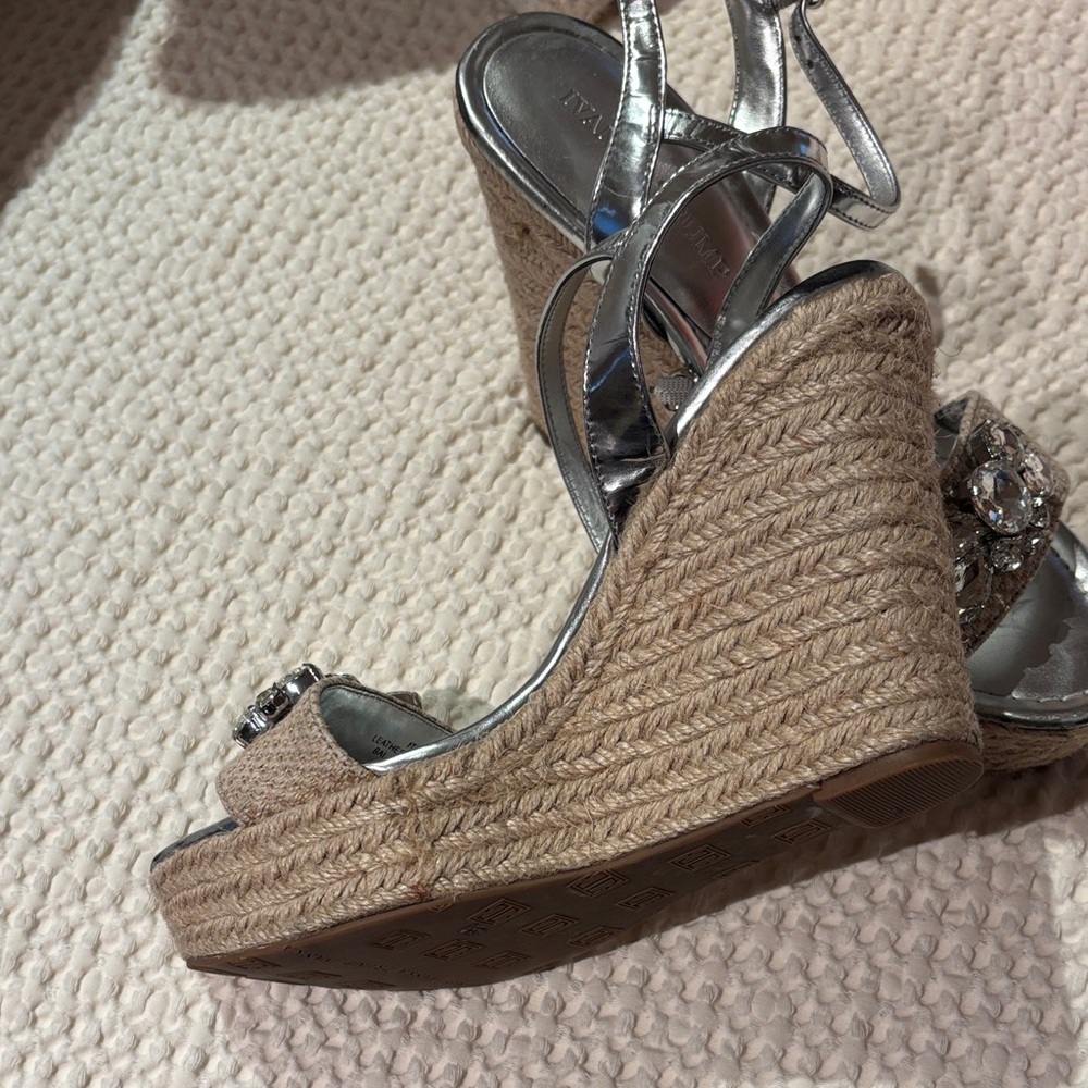 Ivanka Trump Silver Crystal Embellished Jute Wedge Sandals - Picture 2 of 5